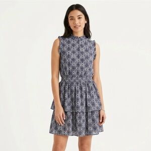Boden NWT Navy and White Dress. Size 14. Tiered. Smocking. Floral Party Mini